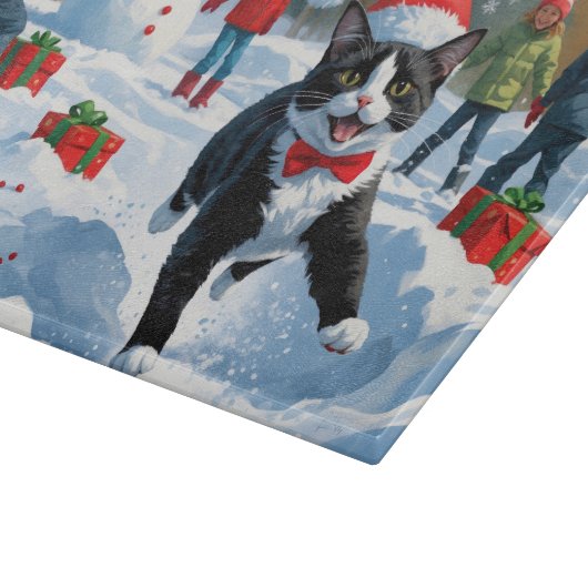 Tuxedo Cat Running in Snow met kerst Pet Snijplank (Hoek)