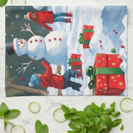 Tuxedo Cat Running in Snow met kerst Pet Theedoek (Gevouwen)