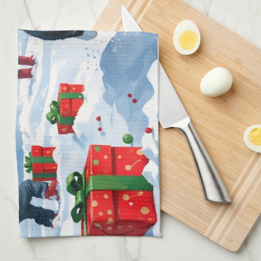 Tuxedo Cat Running in Snow met kerst Pet Theedoek (Quarter Fold)