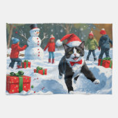 Tuxedo Cat Running in Snow met kerst Pet Theedoek (Horizontaal)