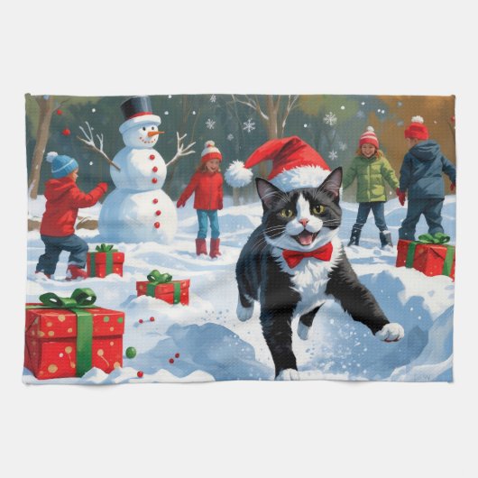 Tuxedo Cat Running in Snow met kerst Pet Theedoek (Horizontaal)
