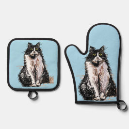 Tuxedo Cat Schattige Cats Zwart Wit Pastelblauw Ovenwant & Pannenlap Set