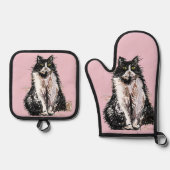 Tuxedo Cat Schattige Cats Zwart Wit Pastelroze Ovenwant & Pannenlap Set (Voorkant)