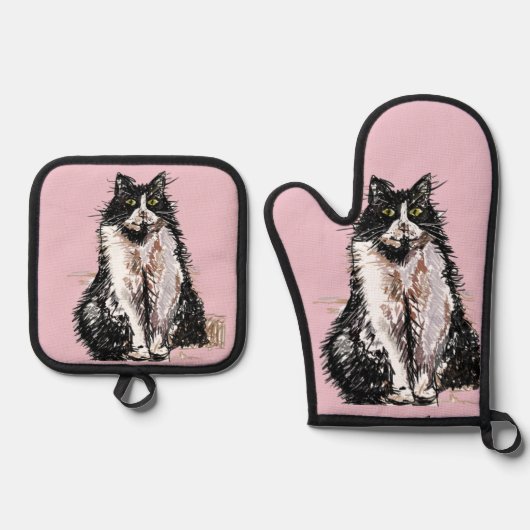 Tuxedo Cat Schattige Cats Zwart Wit Pastelroze Ovenwant & Pannenlap Set (Voorkant)