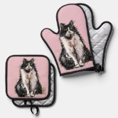 Tuxedo Cat Schattige Cats Zwart Wit Pastelroze Ovenwant & Pannenlap Set (Voorkant / Achterkant)