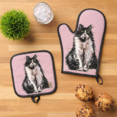 Tuxedo Cat Schattige Cats Zwart Wit Pastelroze Ovenwant & Pannenlap Set (Top down)