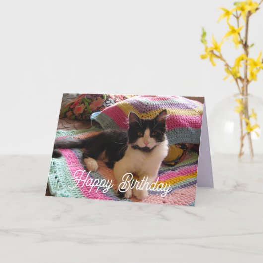 Tuxedo Cat Schattige met  gehaakte tapijt Kaart (Gele Bloem)