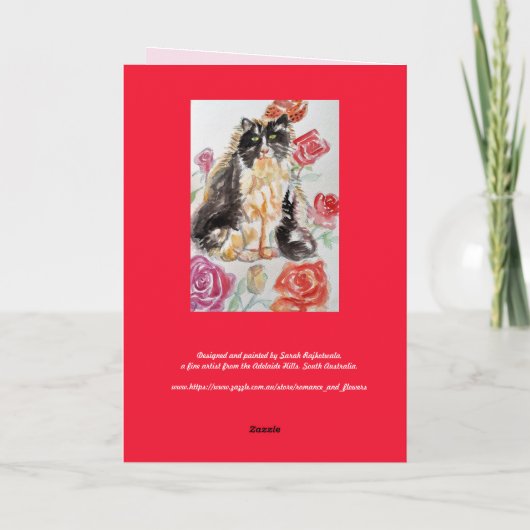 Tuxedo Cat Schattige Rozen Bloemen Katten Aquarel  Kaart (Achterkant)