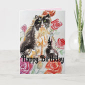 Tuxedo Cat Schattige Rozen Bloemen Katten Aquarel  Kaart (Voorkant)