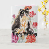 Tuxedo Cat Schattige Rozen Bloemen Katten Aquarel  Kaart (Gele Bloem)