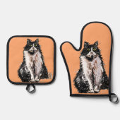 Tuxedo Cat Schattigee Katten Zwart Wit Pastel Sina Ovenwant & Pannenlap Set (Voorkant)
