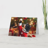 Tuxedo Cat Speel met kerstbal op Tree Kaart (Voorkant)