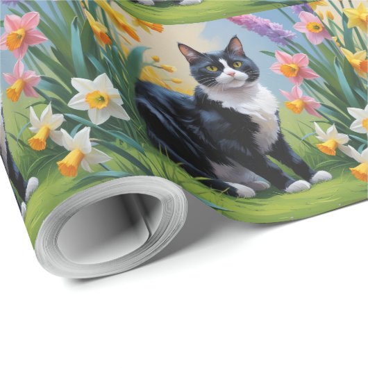 Tuxedo Cat Spring Bloemen Schilderen Cadeaupapier (Rol Hoek)