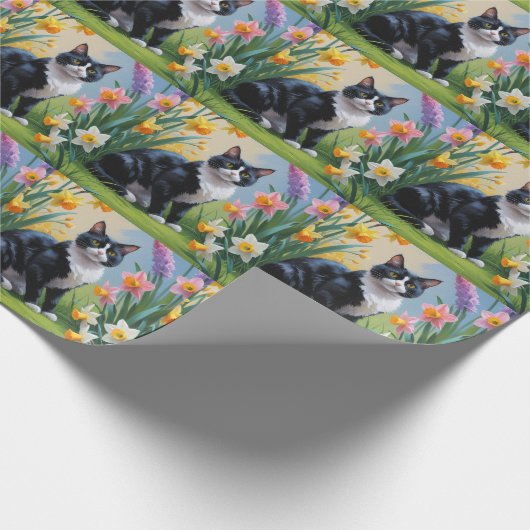 Tuxedo Cat Spring Bloemen Schilderen Cadeaupapier (Hoek)