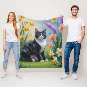 Tuxedo Cat Spring Bloemen Schilderen Fleece Deken