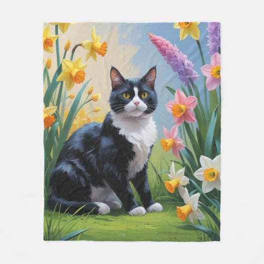 Tuxedo Cat Spring Bloemen Schilderen Fleece Deken (Voorkant)
