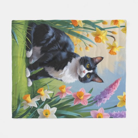 Tuxedo Cat Spring Bloemen Schilderen Fleece Deken (Voorkant (Horizontaal))
