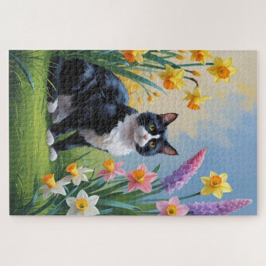 Tuxedo Cat Spring Bloemen Schilderen Legpuzzel (Horizontaal)
