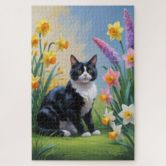 Tuxedo Cat Spring Bloemen Schilderen Legpuzzel (Verticaal)