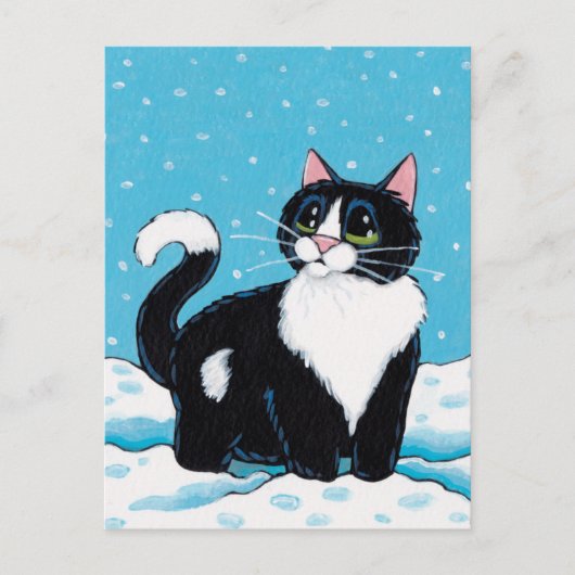 Tuxedo Cat Standing Knee Deep in Sneeuwschilderen Briefkaart (Voorkant)