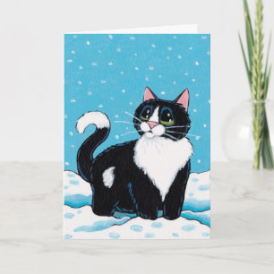 Tuxedo Cat Standing Knee Deep in Sneeuwschilderen Feestdagen Kaart