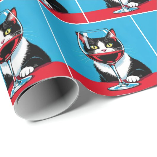 Tuxedo Cat Staring Through a Wine Glass Cadeaupapier (Rol Hoek)