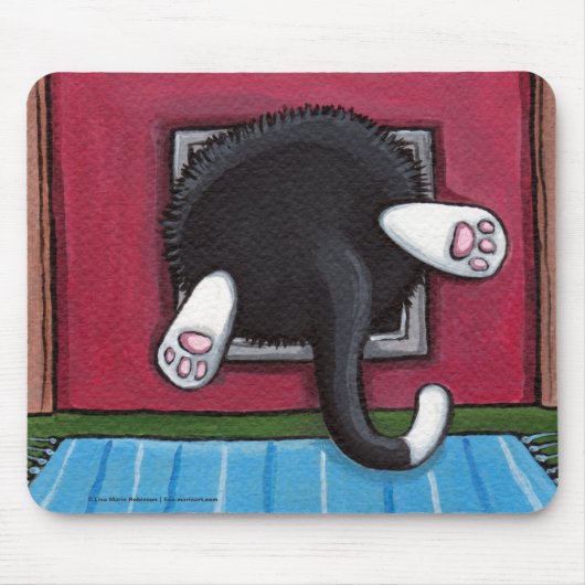 Tuxedo Cat Stuck in a Cat Flap - Funny Cat Art Muismat (Voorkant)