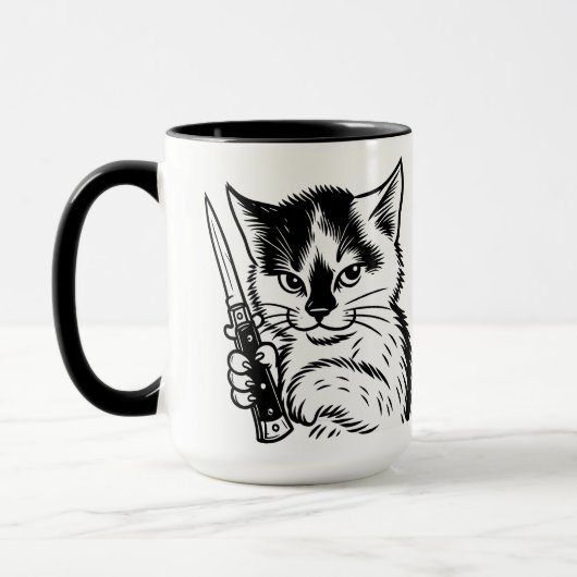 Tuxedo Cat Switchblade Attitude Mok by Phil Elmore (Links)