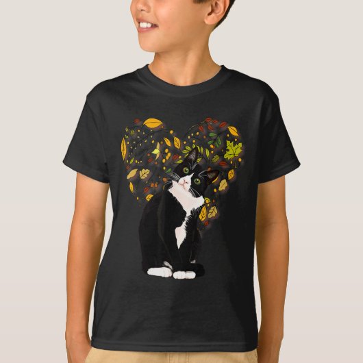 Tuxedo Cat T Shirt Gift Autumn Fall Leaves Black A (Voorkant)