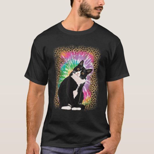 Tuxedo Cat Tie Dye Luipaard Achtergrond voor Cat L T-shirt (Voorkant)