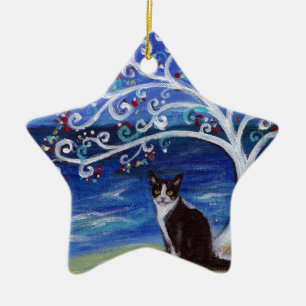 Tuxedo Cat & Tree of Life Keramisch Ornament
