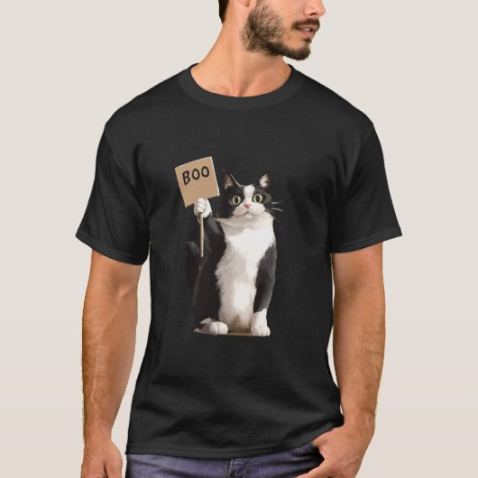 Tuxedo Cat Tshirt Halloween Kostuum Holding Boo Si (Voorkant)