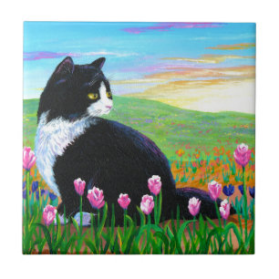 Tuxedo Cat Tulips Creationarts Tegeltje