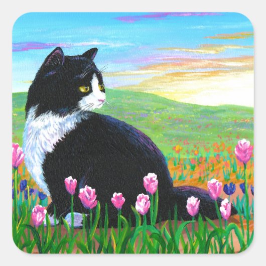Tuxedo Cat Tulips Creationarts Vierkante Sticker (Voorkant)