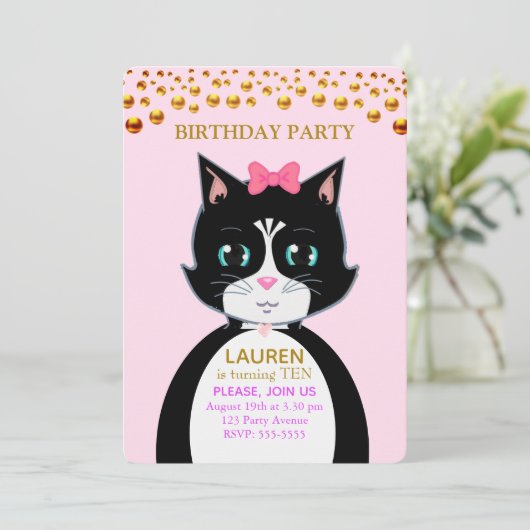 Tuxedo Cat verjaardagsfeestje uitnodiging (Staand voorkant)