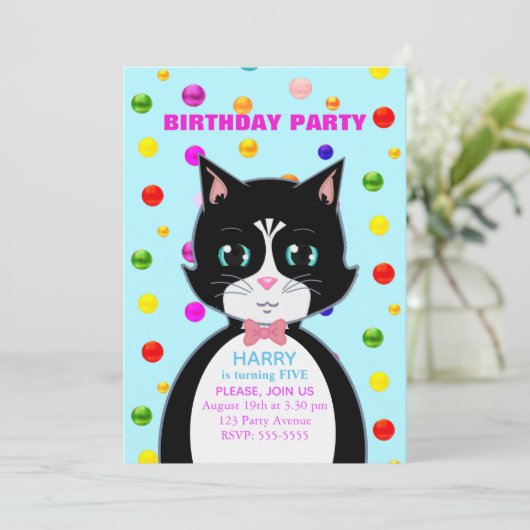 Tuxedo Cat verjaardagsfeestje uitnodiging (Staand voorkant)