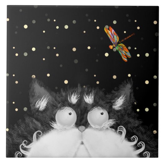 Tuxedo Cat Veroverd door Dragonfly Tegeltje (Voorkant)