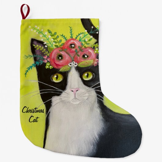 Tuxedo Cat Whimsical Art Grote Kerstsok (Voorkant)