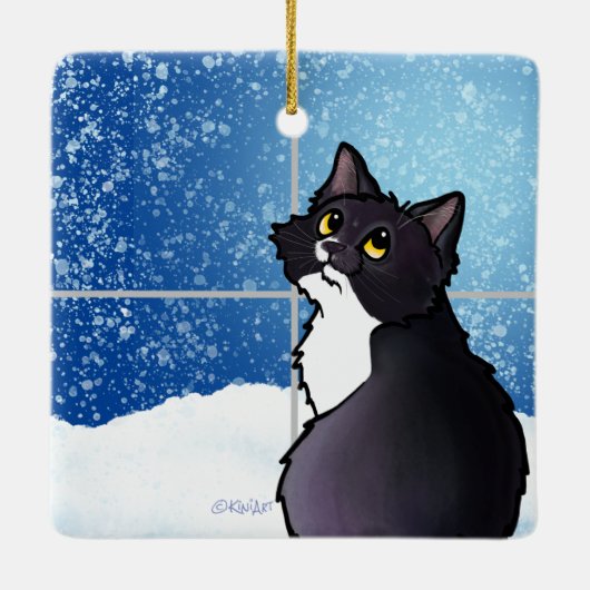 Tuxedo Cat Window Ceramic Ornament (Achterkant)