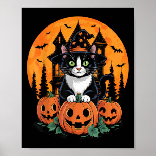 Tuxedo Cat Witch Pet Halloween Y Jack O Lantern Pu Poster