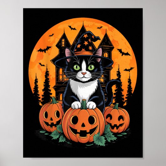 Tuxedo Cat Witch Pet Halloween Y Jack O Lantern Pu Poster (Voorkant)