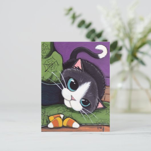 Tuxedo Cat Witches Pet & Candy Corn Halloween Briefkaart (Staand voorkant)