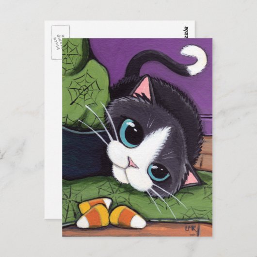 Tuxedo Cat Witches Pet & Candy Corn Halloween Briefkaart (Voorkant / Achterkant)