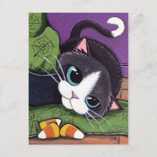 Tuxedo Cat Witches Pet & Candy Corn Halloween Briefkaart