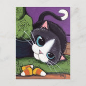 Tuxedo Cat Witches Pet & Candy Corn Halloween Briefkaart (Voorkant)
