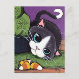 Tuxedo Cat Witches Pet & Candy Corn Halloween Briefkaart