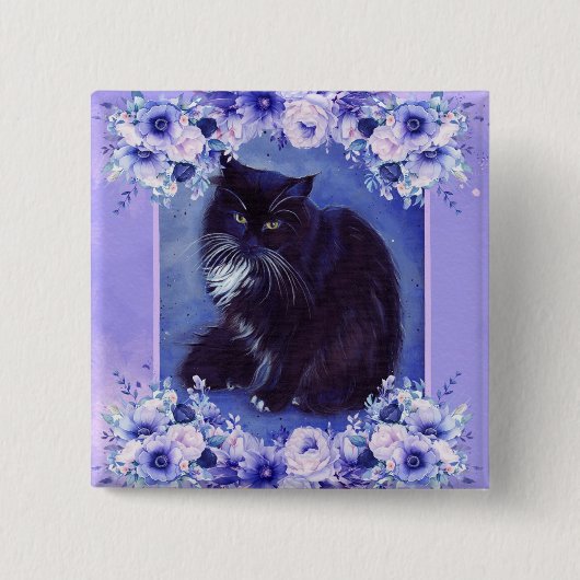 Tuxedo cat with flowers art by Renee Vierkante Button 5,1 Cm (Voorkant)
