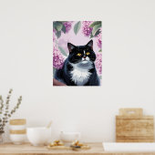 Tuxedo cat with lilac flowers, cute floral cat poster (Keuken)