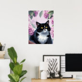 Tuxedo cat with lilac flowers, cute floral cat poster (Thuiskantoor)