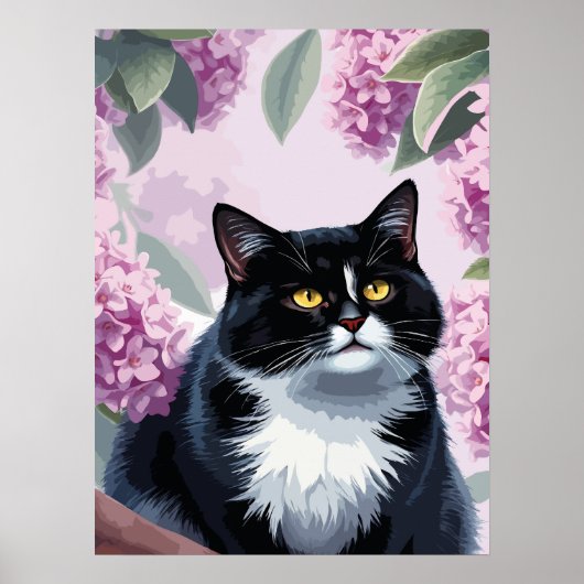 Tuxedo cat with lilac flowers, cute floral cat poster (Voorkant)